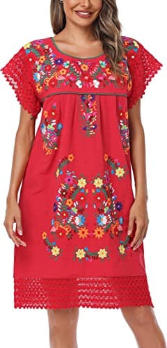 YZXDORWJ Women's Embroidered Mexican Peasant Lace Short Sleeve Dress