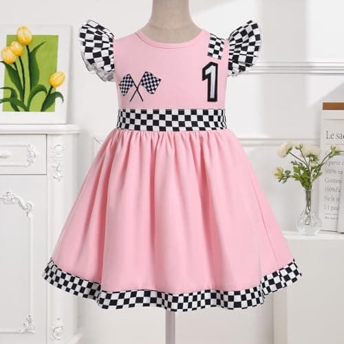 ODASDO Kids' Checkerboard Flutter Sleeve Racing Car Birthday Outfit