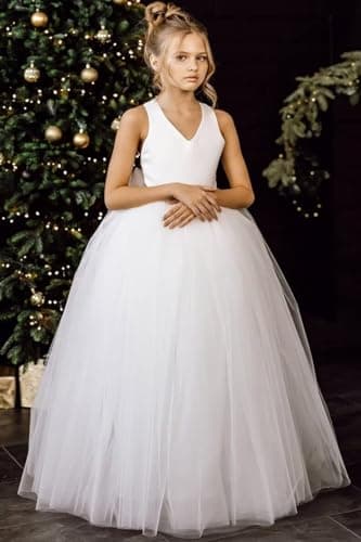 JISISANG Crossed Straps Satin Prom Dress with Bow Tulle for Flower Girls