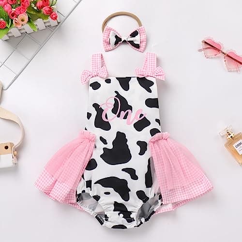 Baby Girls Cow Print Tulle Tutu Romper Dresses with Headband