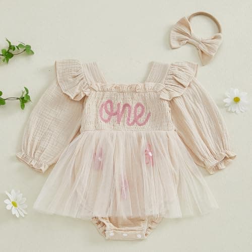 BOEBNOZCV Baby Girl 1st Birthday Ruffled Tulle Romper Long Sleeve Dress