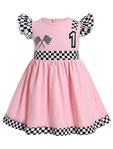 ODASDO Kids' Checkerboard Flutter Sleeve Racing Car Birthday Outfit