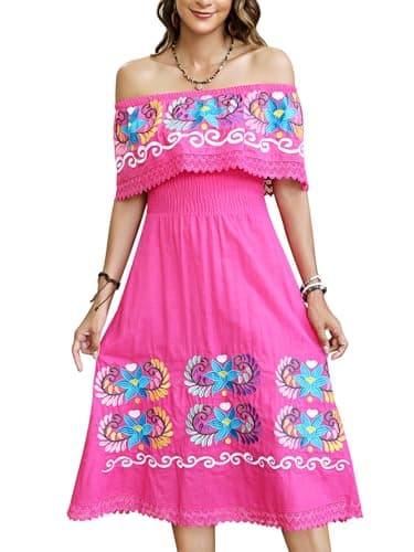 Vackutliv Mexican Embroidered Floral Off-the-Shoulder Dress