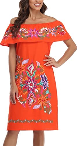 YZXDORWJ Women's Mexican Embroidered Ruffle Collar Dress