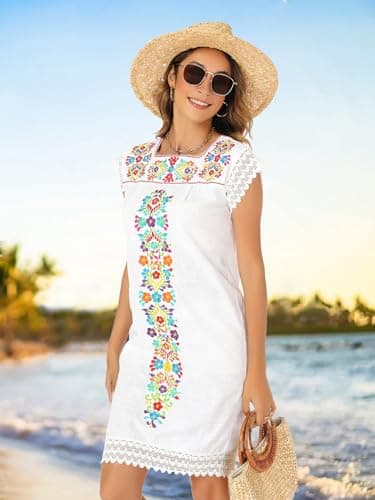 Mexican V-neck Summer Dress for Women Traditional Embroidery Black White