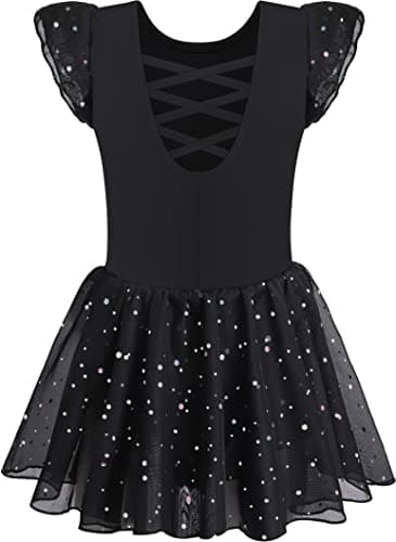 MOLLDAN Girls' Dance Leotards for Ballet, Shiny Skirt & Ruffle Sleeves