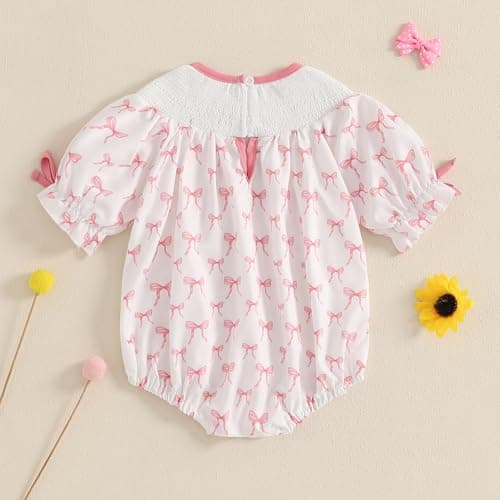 Lamuusaa Toddler Birthday Girl Embroidery Romper Bow Print Bodysuit