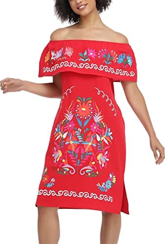 YZXDORWJ Women's Mexican Embroidered Ruffle Collar Dress