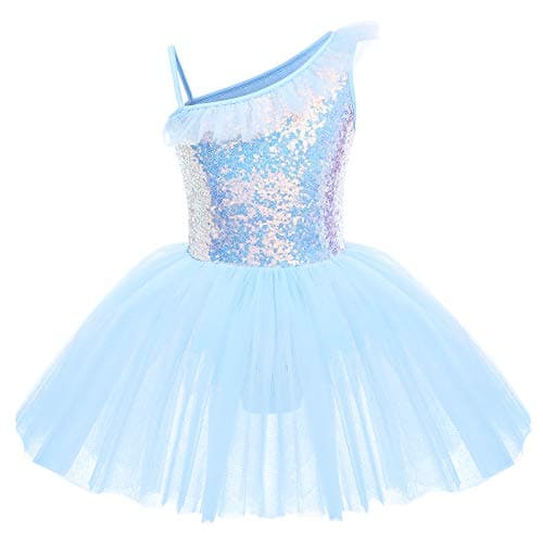 IDOPIP Girls' Sequin One-Shoulder Ballet Dance Tutu Skirted Leotard Costume