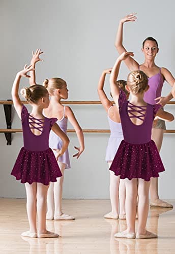 MOLLDAN Girls' Dance Leotards for Ballet, Shiny Skirt & Ruffle Sleeves