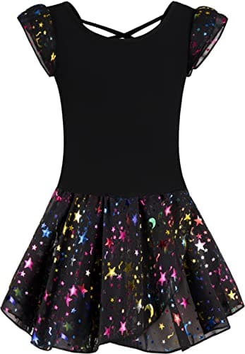 DANSHOW Girls' Shiny Ruffle Sleeve Ballet Leotard & Skirt Dancewear