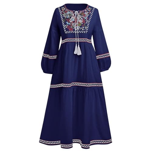 Traditional Mexican Embroidered Floral Peasant Midi Dress for Women
