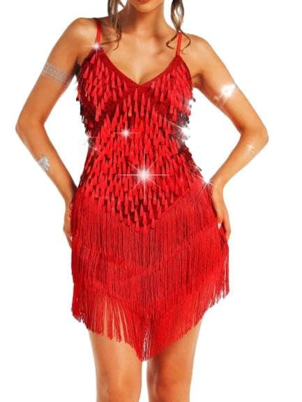 REEtan Fringe Sequin Flapper Dress Sparkly Latin Dance Costume