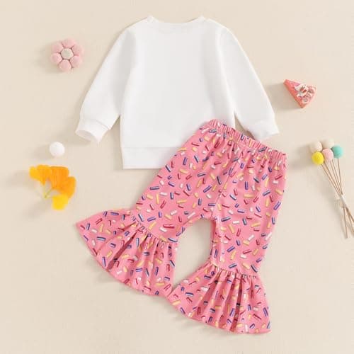 SAYOO Birthday Girl Outfit: Embroidery Print Sweatshirt + Flared Pants
