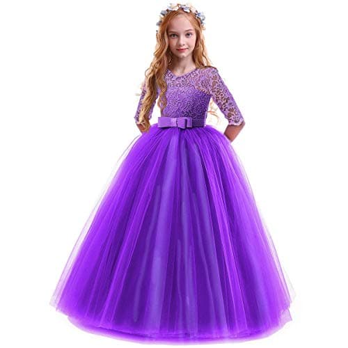 IBTOM CASTLE Girls' Flower Floral Lace 3/4 Sleeve Floor-Length Wedding Party Dress