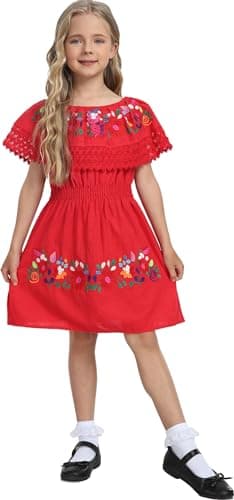 YZXDORWJ Mexican Embroidered Cinco de Mayo Floral Dress for Girls