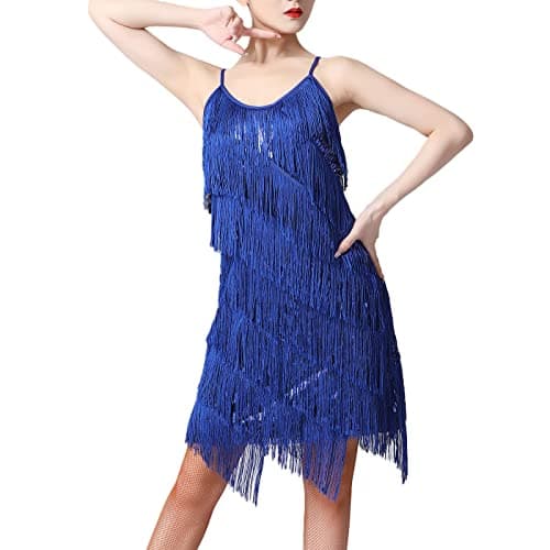IBTOM CASTLE Women's Sparkly Tassel Flapper Latin Dance Dress Sleeveless