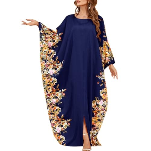 IDOPIP Women's Muslim Ramadan Dress - Long Sleeve Floral Maxi Kaftan Robe