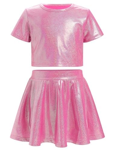 ODASDO Shiny Metallic Crop Top & Pleated Skirt Set for Girls Performance Dancewear