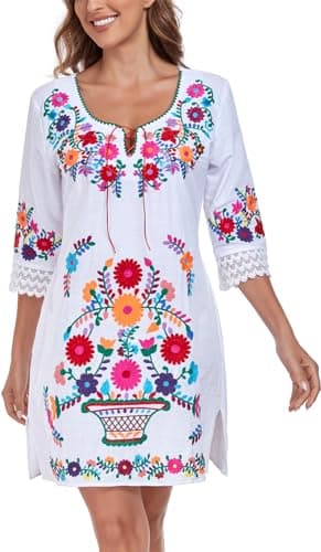 YZXDORWJ Women's Mexican V-Neck Fiesta Dress with Short Sleeves