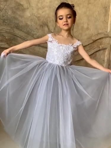 Zikusel Lace Applique Tulle Flower Girl Wedding Dress V-Back Satin Bow Knot