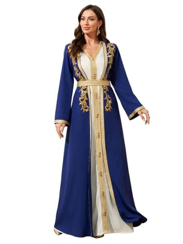 Abaowedding Elegant Royal Blue Muslim Robe with Gold Trim