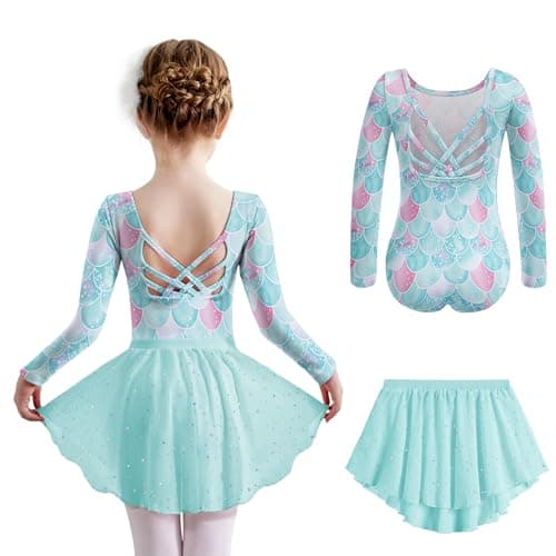 Zaclotre Long Sleeve Ballet Leotard with Crisscross Back & Shiny Skirt Combo