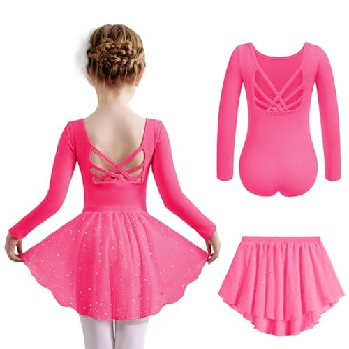 Zaclotre Long Sleeve Ballet Leotard with Crisscross Back & Shiny Skirt Combo