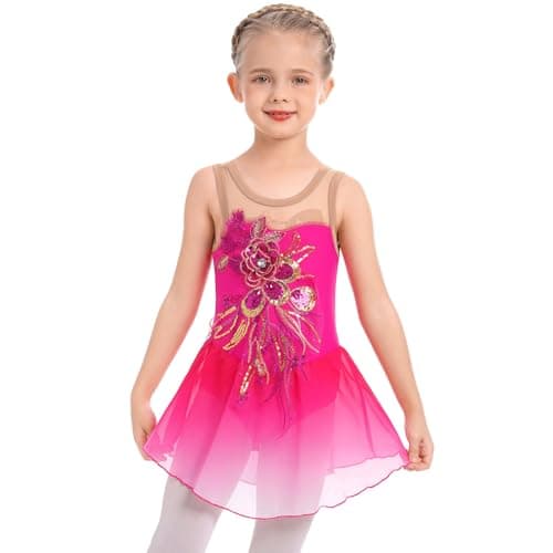 ODASDO Girl Ice Skating Dress Sequin Flower Chiffon Skirt for Competition