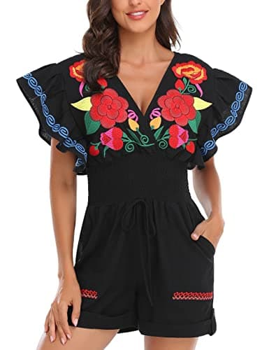 YZXDORWJ Women's Mexican Embroidered Floral V-Neck Butterfly Sleeve Jumpsuit