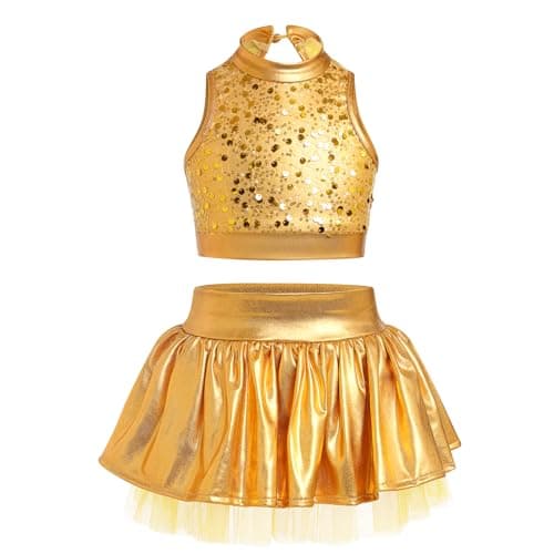 ODASDO Girls Shiny Metal Dance Costume with Sequin Tank Crop Top Ruffle Skirt
