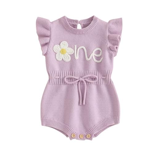 SYOKUP First Birthday Girl Romper Floral Embroidered Crochet Knit Outfit
