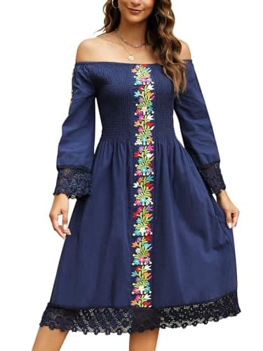 Vackutliv Mexican Embroidered Traditional Fiesta Dress Styles Long Sleeve Flower Patterns