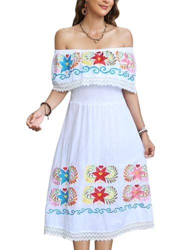 Vackutliv Mexican Embroidered Floral Off-the-Shoulder Dress