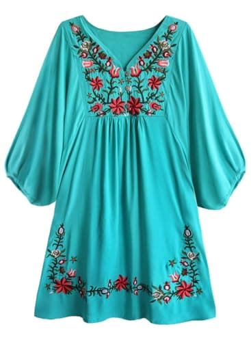 Futurino Women's Bohemian Embroidered Crew Neck Dress