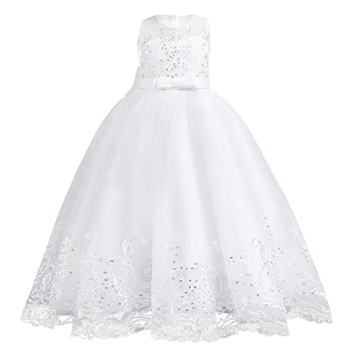 IDOPIP Kids' Flower Girl Lace Formal Long Tulle Dress for Weddings Bridesmaids