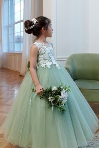 Inpown Lace Applique Tulle Flower Girl Wedding Dress