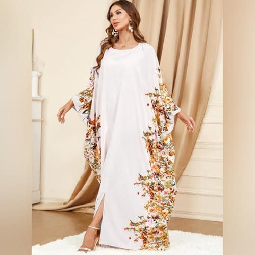 IDOPIP Women's Muslim Ramadan Dress - Long Sleeve Floral Maxi Kaftan Robe