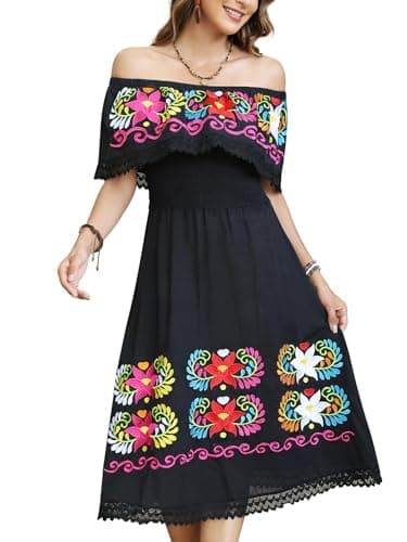 Vackutliv Mexican Embroidered Floral Off-the-Shoulder Dress