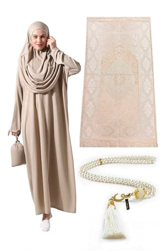 ihvan Online Muslim Women's One-Piece Prayer Dress & Rug & Beads Set