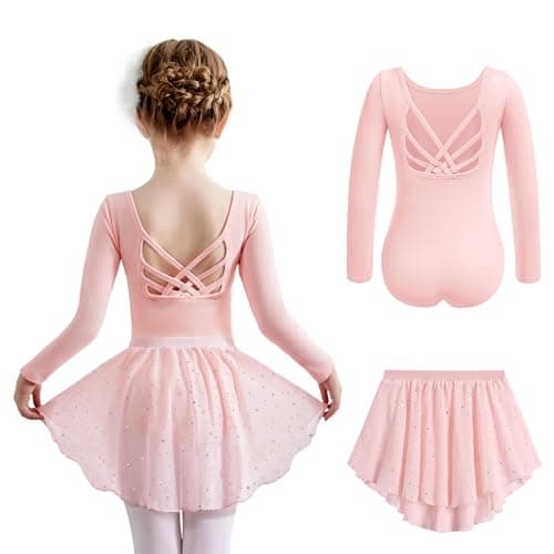 Zaclotre Long Sleeve Ballet Leotard with Crisscross Back & Shiny Skirt Combo