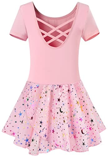 WYHDY Girls' Shiny Ballet Leotards with Hollow Crisscross Back Short Sleeve