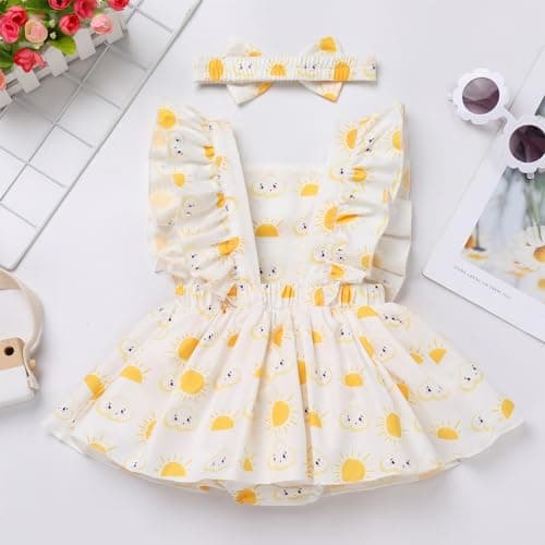 ODASDO Newborn Girl Ruffle Sleeve Romper Dress & Headband Summer Casual Set 0-24M