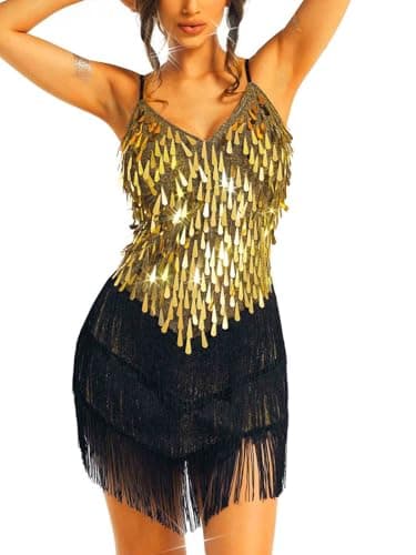 REEtan Fringe Sequin Flapper Dress Sparkly Latin Dance Costume