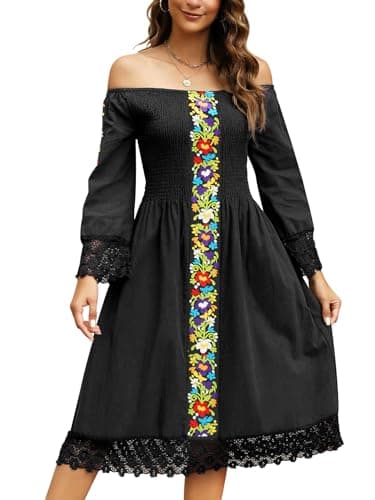 Vackutliv Mexican Embroidered Traditional Fiesta Dress Styles Long Sleeve Flower Patterns