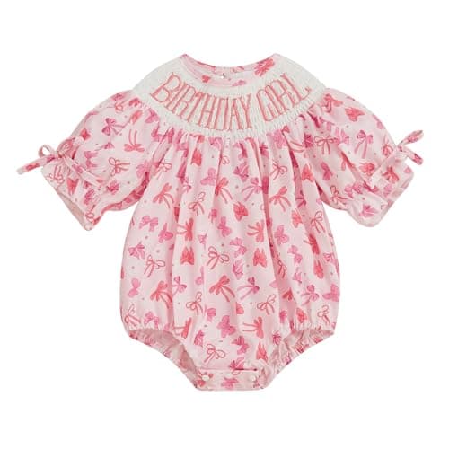 Lamuusaa Toddler Birthday Girl Embroidery Romper Bow Print Bodysuit
