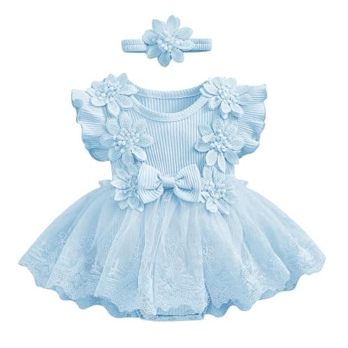 Newborn Baby Girls' 2pc Summer Set: Lace Romper Dress with Bowknot Headband