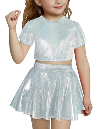 ODASDO Shiny Metallic Crop Top & Pleated Skirt Set for Girls Performance Dancewear