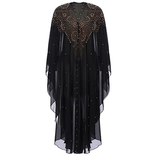OBEEII Loose Batwing Hooded Beaded Embroidery Abaya Dress for Women