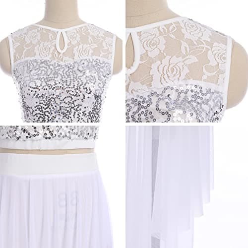 Women's Sequin Lace Lyrical Dance Costume with Asymmetrical Mesh Tulle Skirt Set